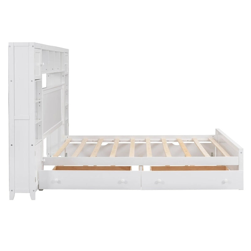 Wooden Bed With All-in-One Cabinet, Shelf and Trundle