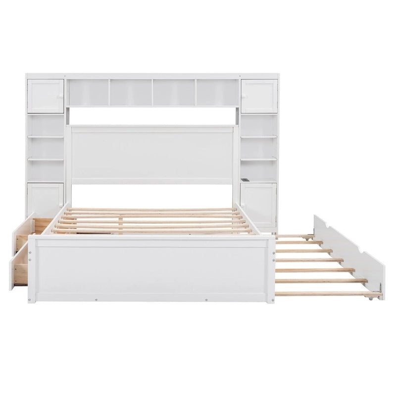 Wooden Bed With All-in-One Cabinet, Shelf and Trundle