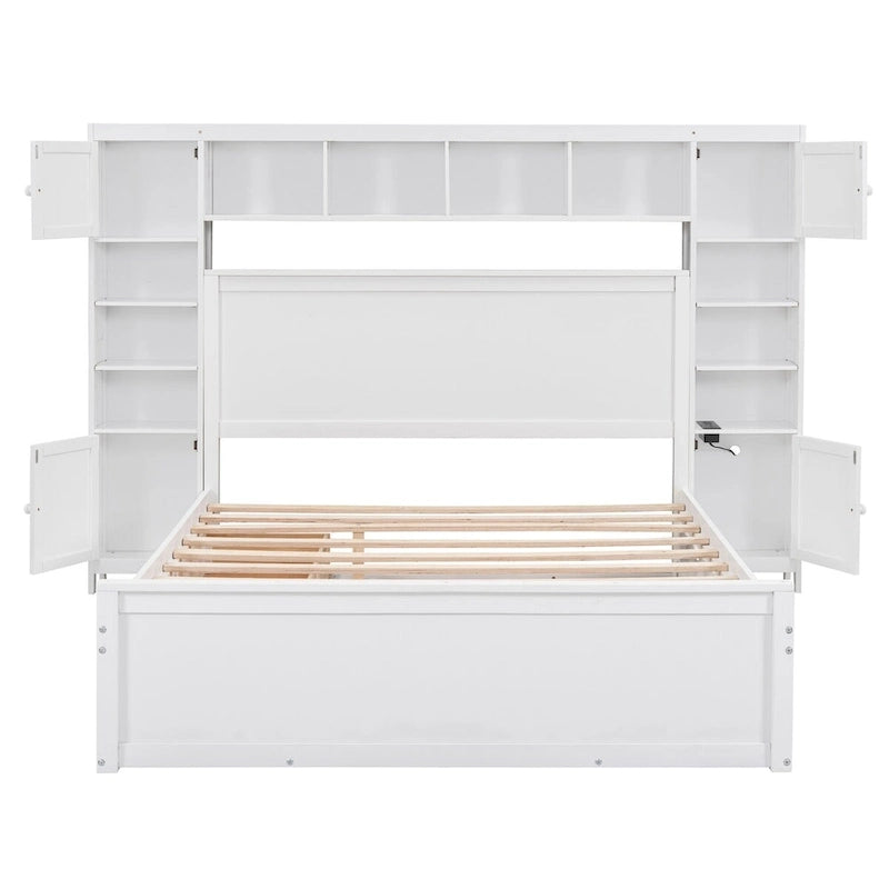 Wooden Bed With All-in-One Cabinet, Shelf and Trundle