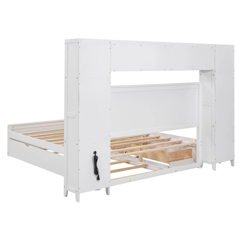 Wooden Bed With All-in-One Cabinet, Shelf and Trundle