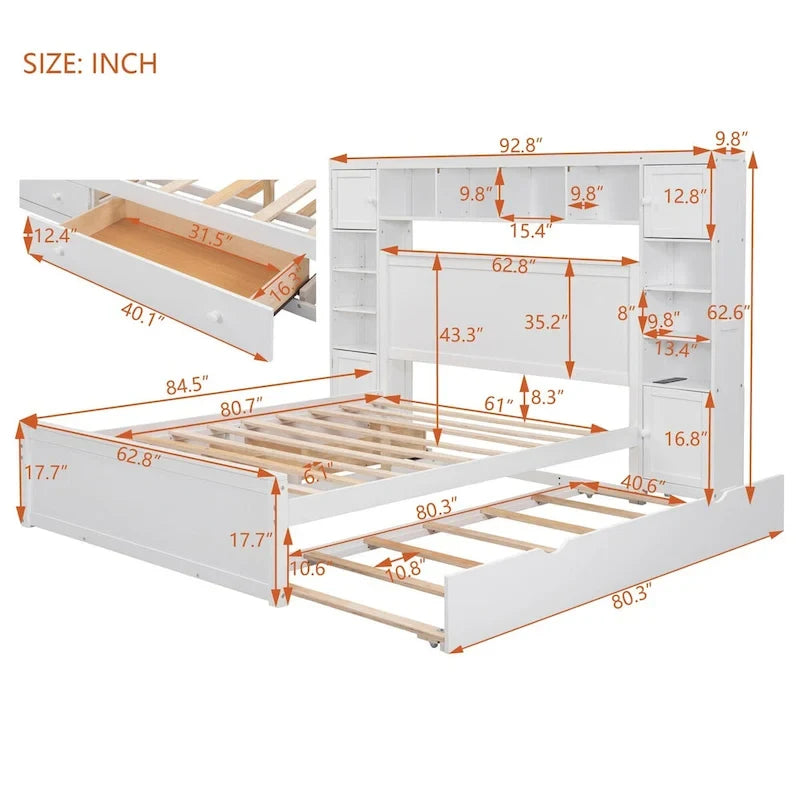 Wooden Bed With All-in-One Cabinet, Shelf and Trundle