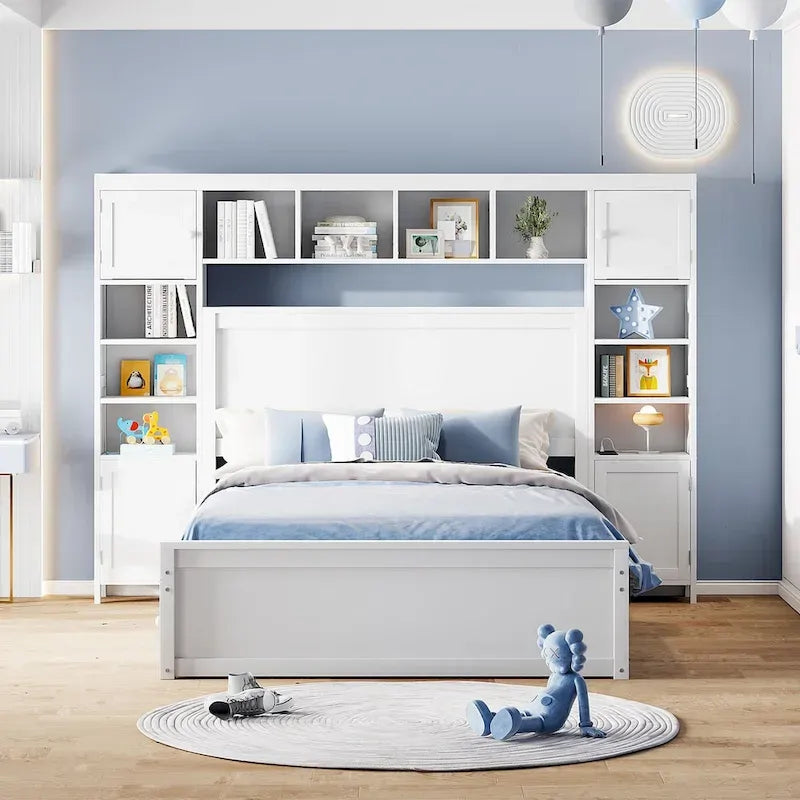Wooden Bed With All-in-One Cabinet, Shelf and Trundle