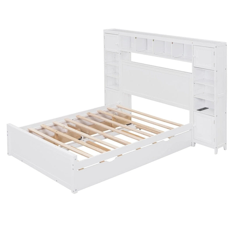 Wooden Bed With All-in-One Cabinet, Shelf and Trundle
