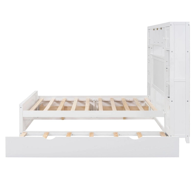 Wooden Bed With All-in-One Cabinet, Shelf and Trundle