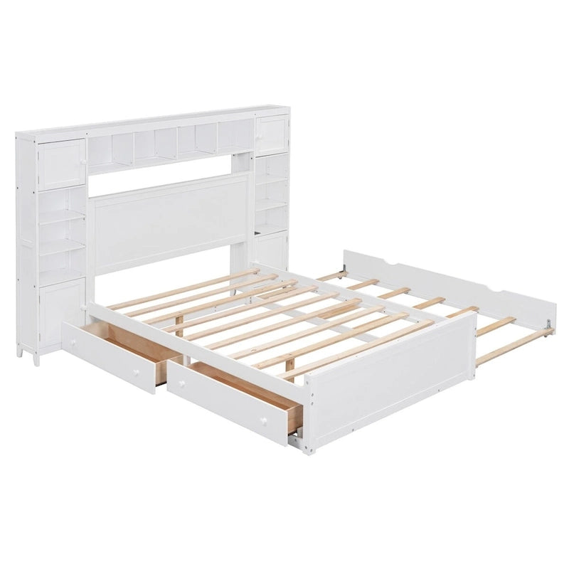 Wooden Bed With All-in-One Cabinet, Shelf and Trundle