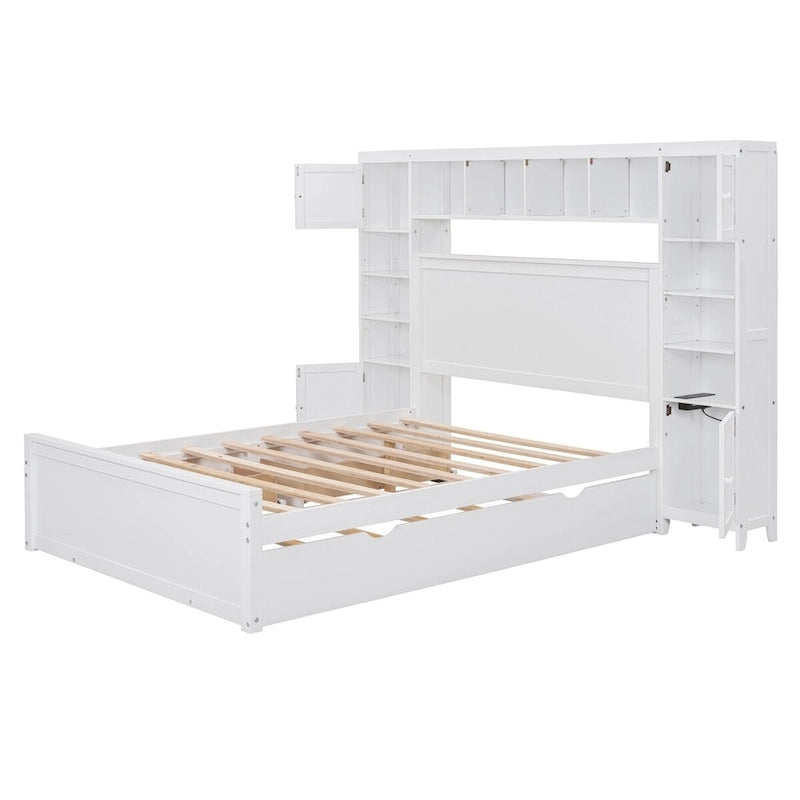 Wooden Bed With All-in-One Cabinet, Shelf and Trundle