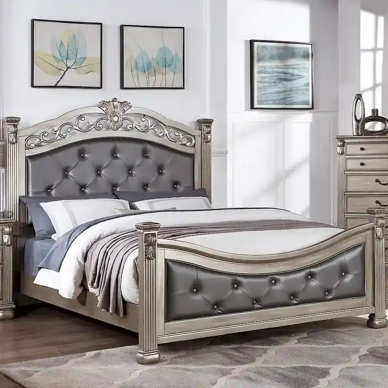 Upholstered HB and FB Bed in Antique Silver
