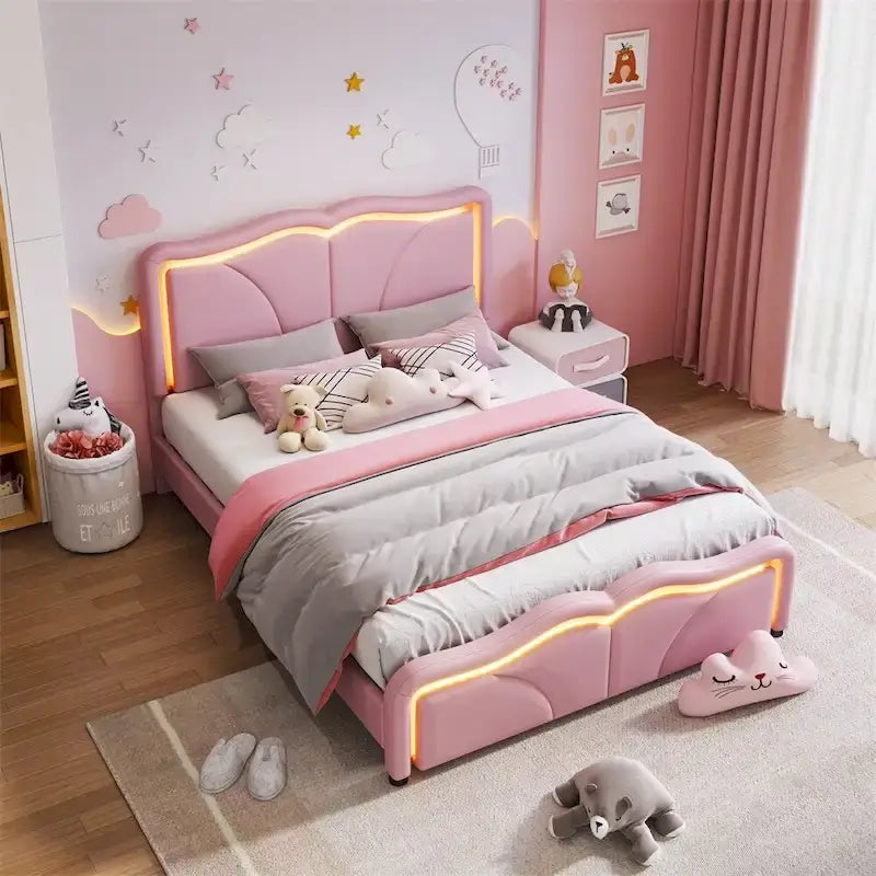 Full Size LED Upholstered Platform Bed with Adjustable Headboard