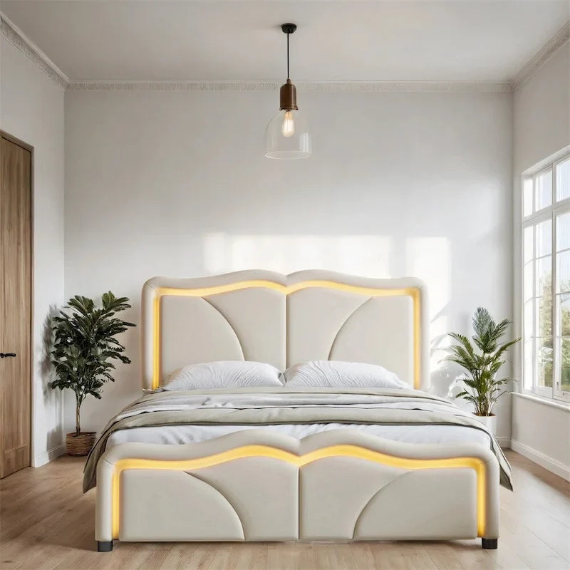 Full Size LED Upholstered Platform Bed with Adjustable Headboard