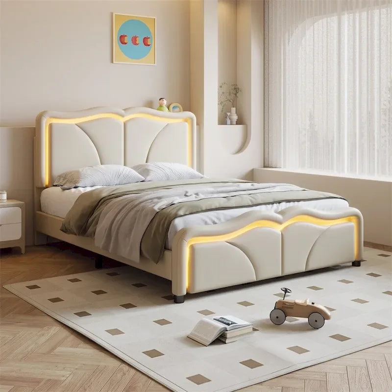 Full Size LED Upholstered Platform Bed with Adjustable Headboard