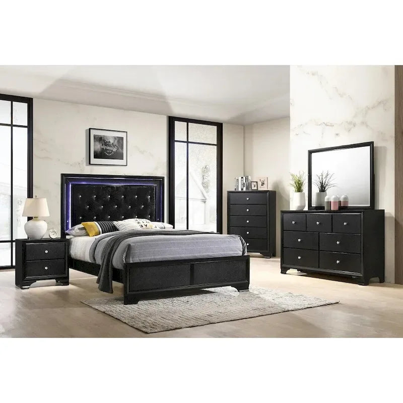 LED Lights Fabric Upholstery Faux Diamond Panel Bed Bedroom 5pc Set