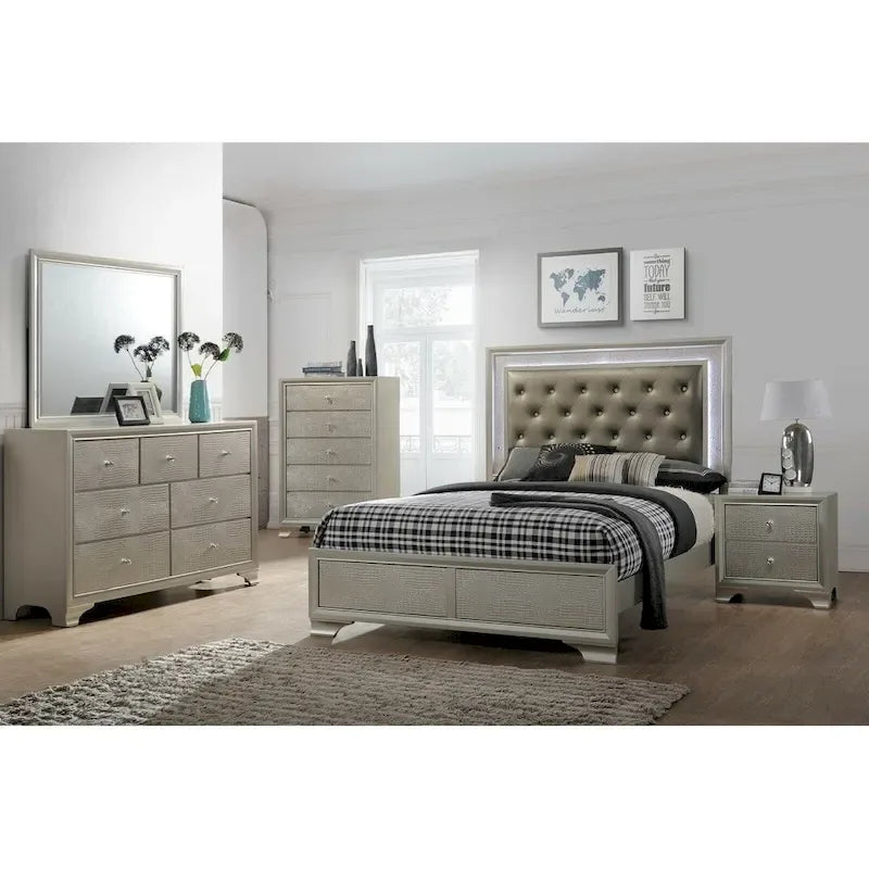 LED Lights Fabric Upholstery Faux Diamond Panel Bed Bedroom 5pc Set