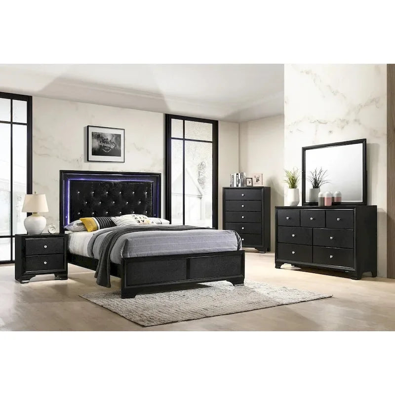 LED Lights Fabric Upholstery Faux Diamond Panel Bed Bedroom 5pc Set