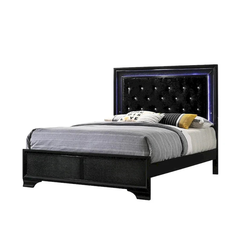 LED Lights Fabric Upholstery Faux Diamond Panel Bed Bedroom 5pc Set