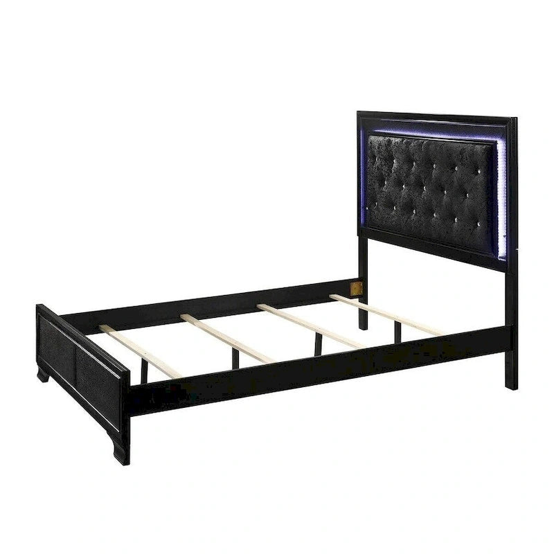 LED Lights Fabric Upholstery Faux Diamond Panel Bed Bedroom 5pc Set