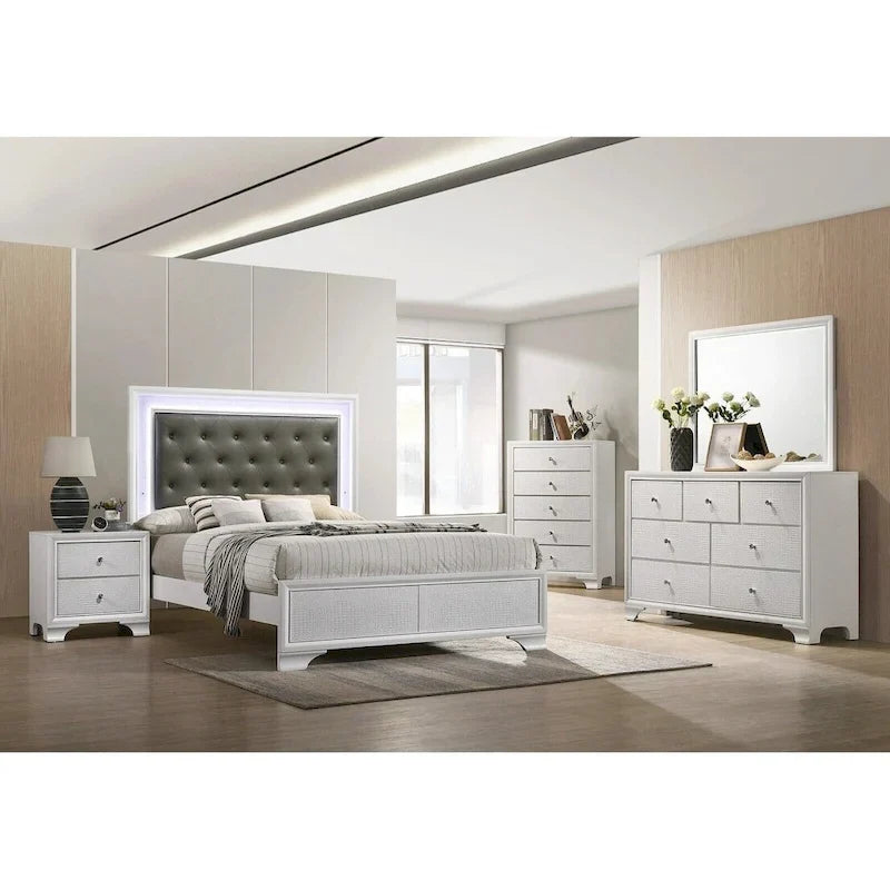 LED Lights Fabric Upholstery Faux Diamond Panel Bed Bedroom 5pc Set