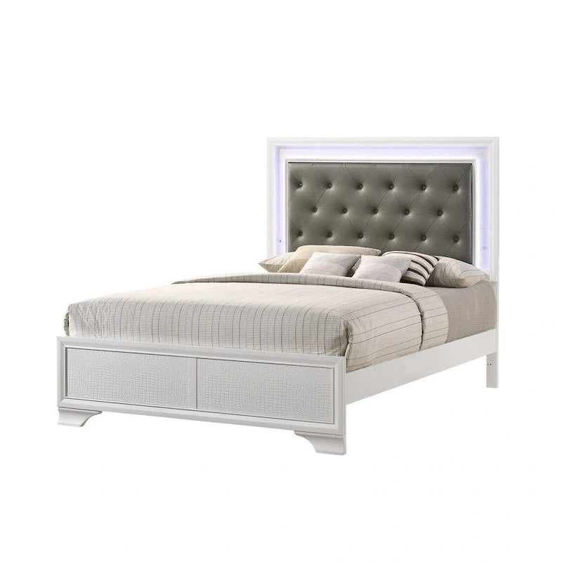 LED Lights Fabric Upholstery Faux Diamond Panel Bed Bedroom 5pc Set