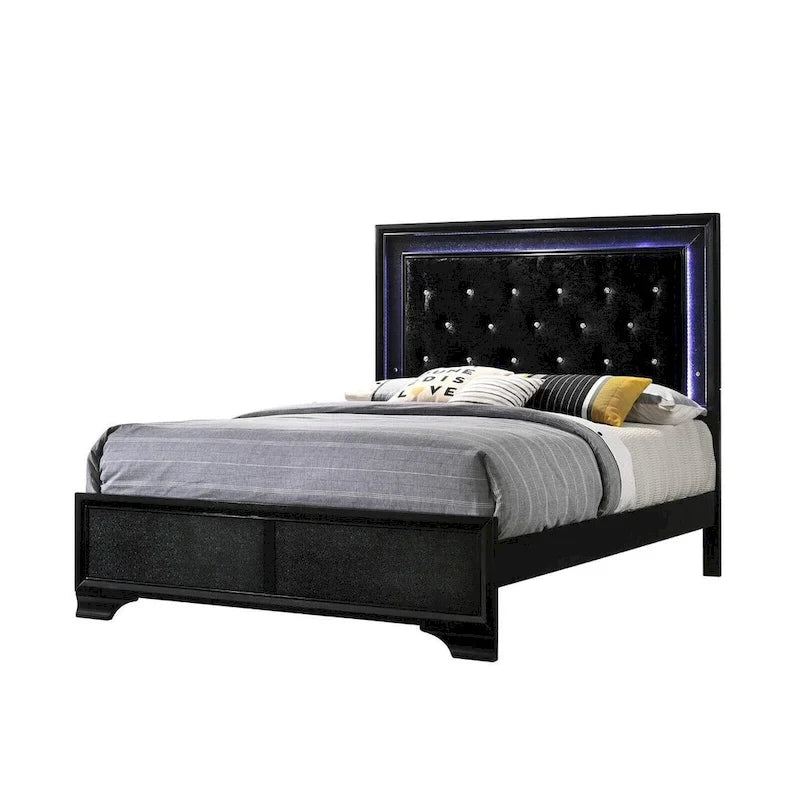 LED Lights Fabric Upholstery Faux Diamond Panel Bed Bedroom 5pc Set