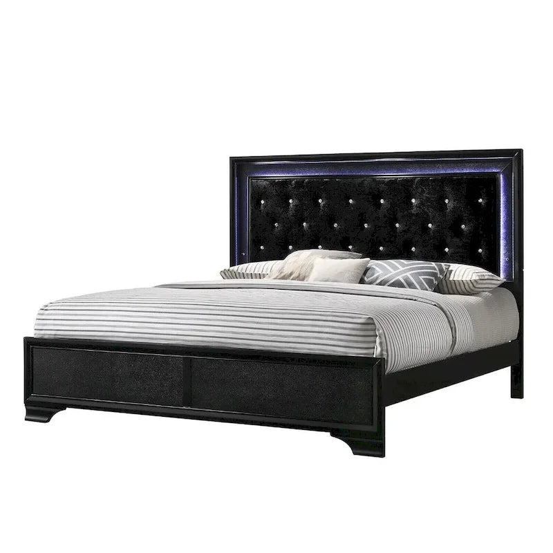 LED Lights Fabric Upholstery Faux Diamond Panel Bed Bedroom 5pc Set