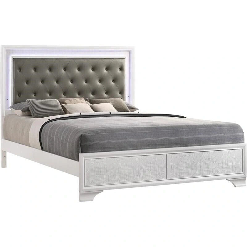 LED Lights Fabric Upholstery Faux Diamond Panel Bed Bedroom 5pc Set