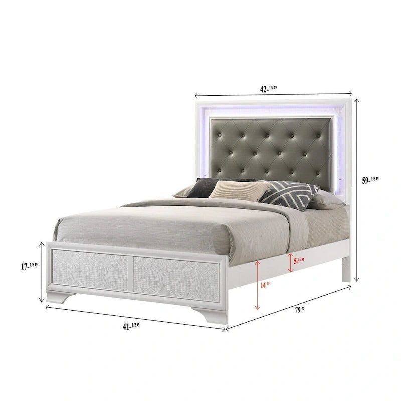 LED Lights Fabric Upholstery Faux Diamond Panel Bed Bedroom 5pc Set