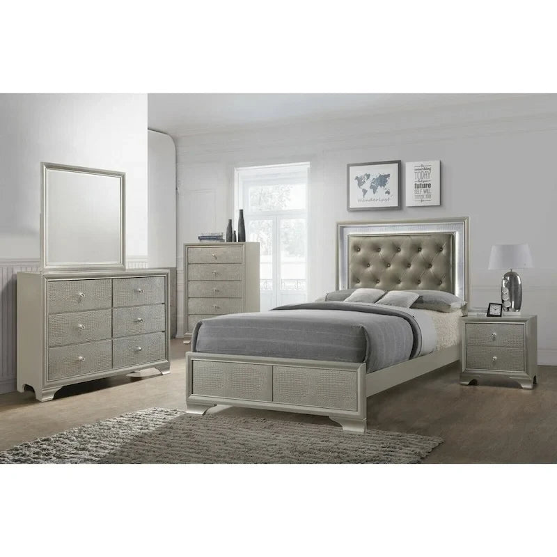 LED Lights Fabric Upholstery Faux Diamond Panel Bed Bedroom 5pc Set