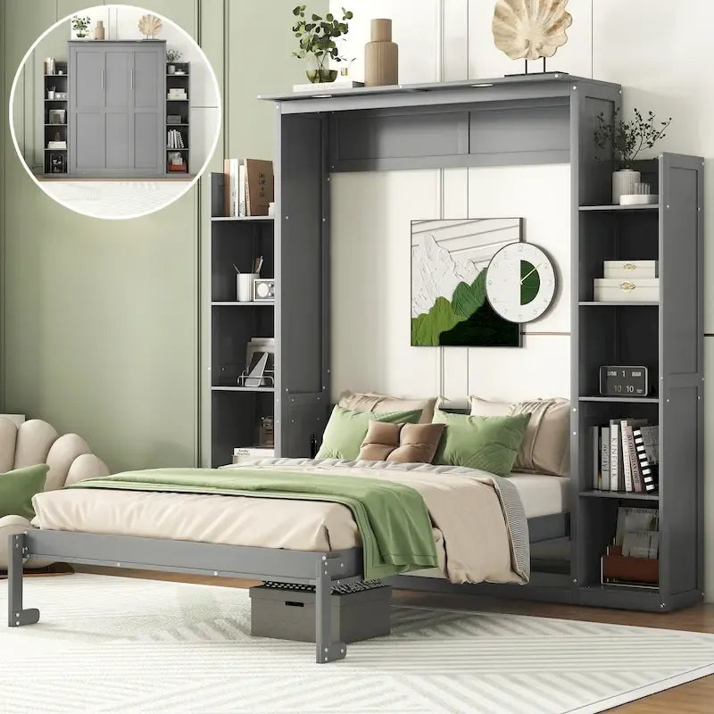 Full Size Murphy Wall Bed Frame with Shelves and LED Lights,for Girls Boys Teens,No Box Spring Needed