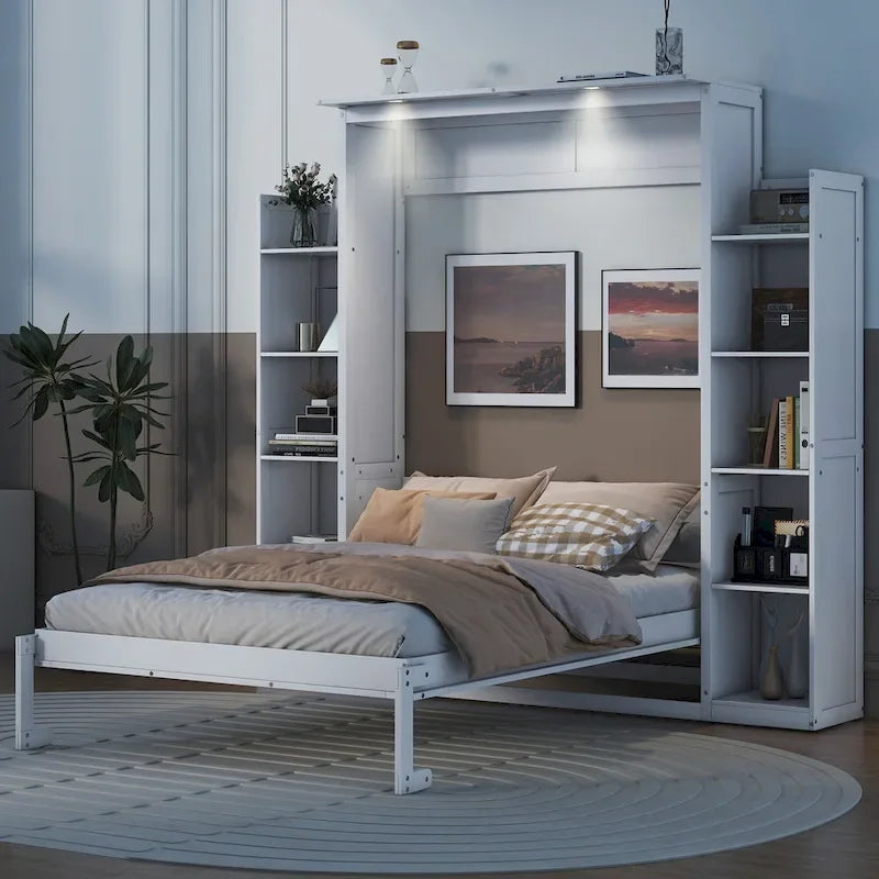 Full Size Murphy Wall Bed Frame with Shelves and LED Lights,for Girls Boys Teens,No Box Spring Needed