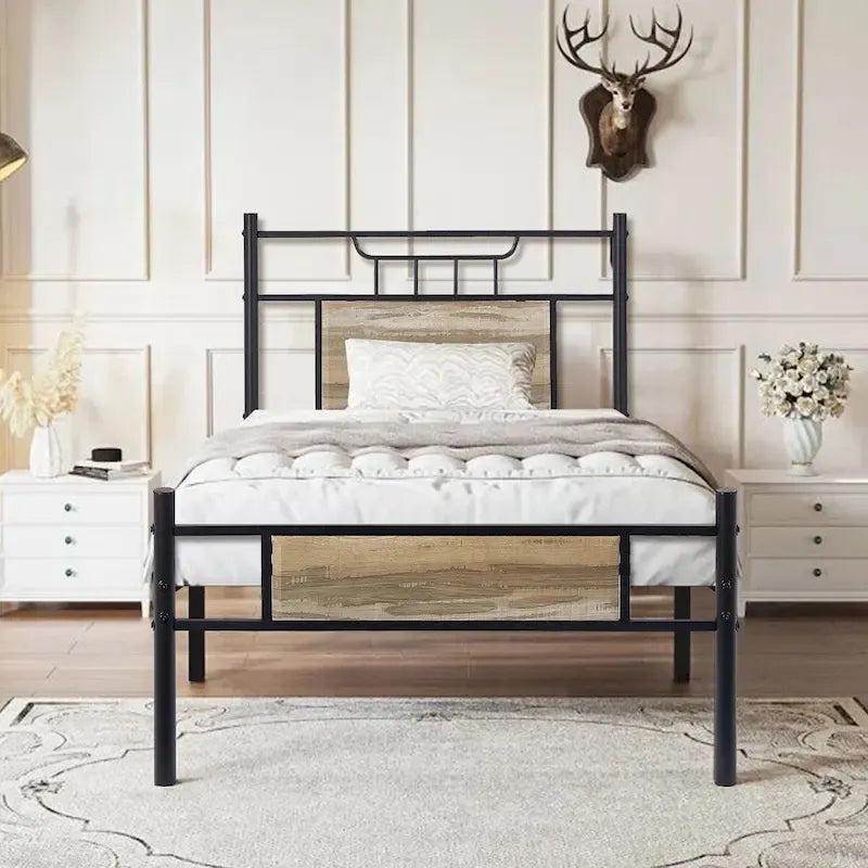 Javlergo Industrial Metal Bed Frame with Wooden Headboard, No Box Spring Needed, Slate