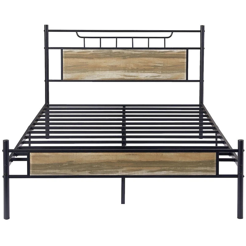 Javlergo Industrial Metal Bed Frame with Wooden Headboard, No Box Spring Needed, Slate