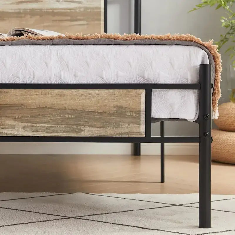 Javlergo Industrial Metal Bed Frame with Wooden Headboard, No Box Spring Needed, Slate