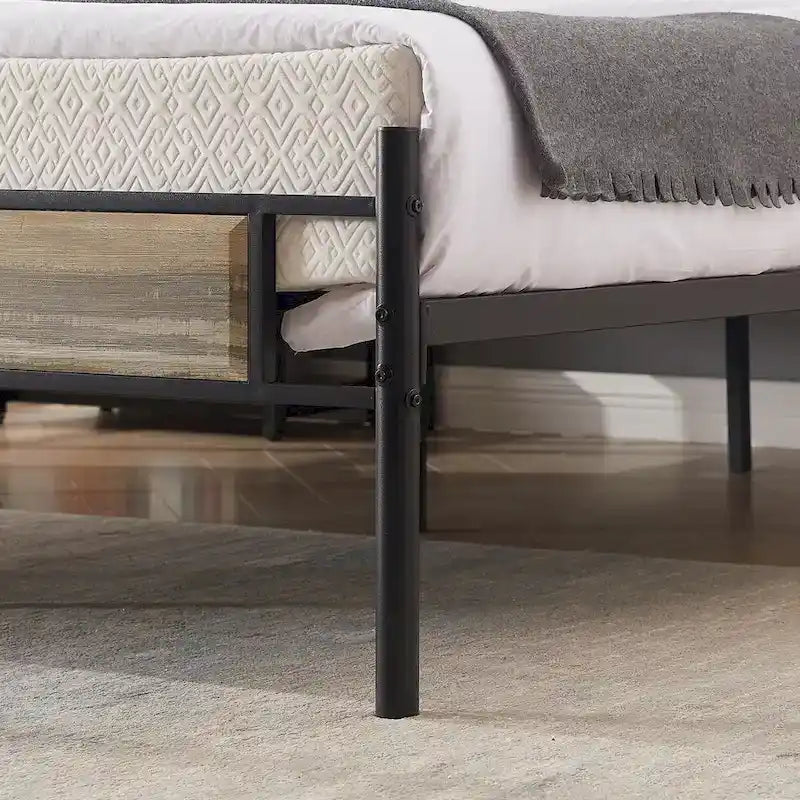Javlergo Industrial Metal Bed Frame with Wooden Headboard, No Box Spring Needed, Slate