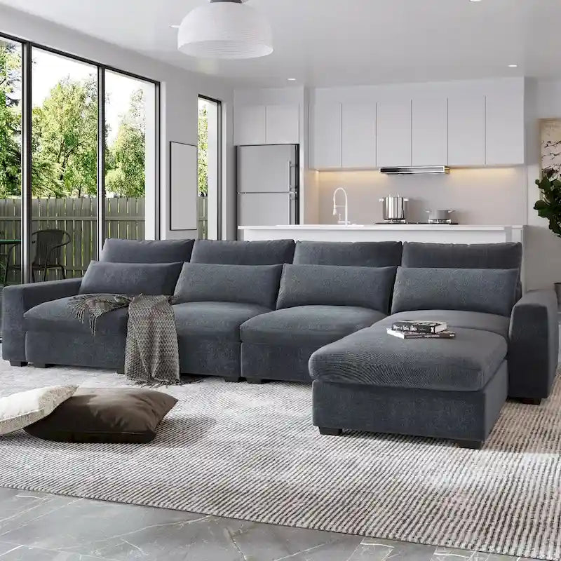 Modern Convertible Large L-shaped Feather Filled Sectional Sofa with Reversible Chaise - 129.9W x 72D x 31.5H