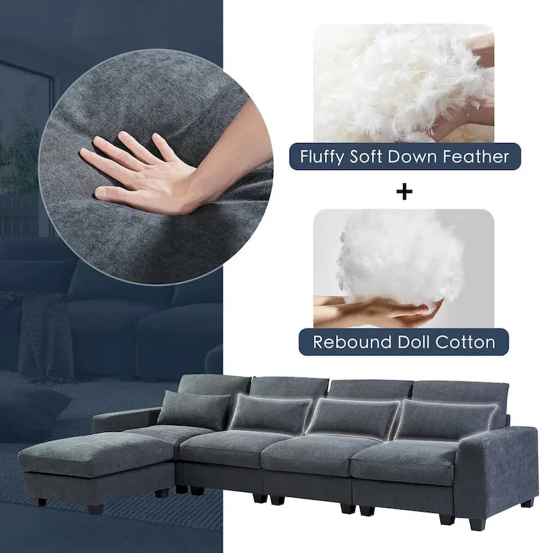 Modern Convertible Large L-shaped Feather Filled Sectional Sofa with Reversible Chaise - 129.9W x 72D x 31.5H