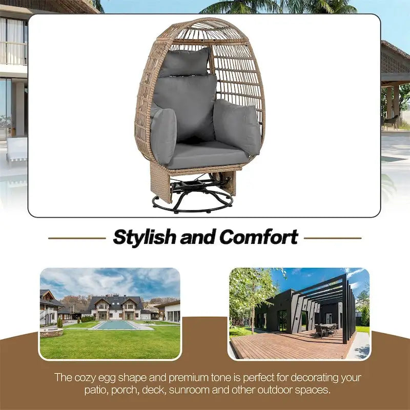 Rattan Egg Patio Swivel Chair with Cushions and Rocking Function