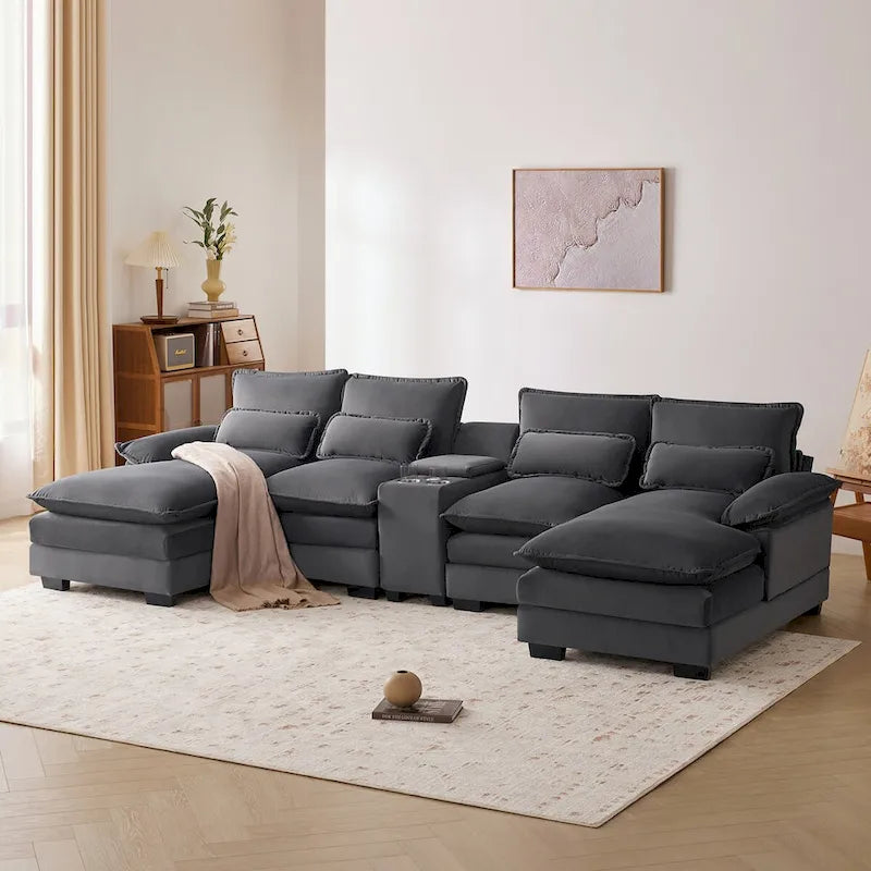 123*55U-shaped Sofa with Console, Cupholders and USB Ports, 6-seat Upholstered Symmetrical Sleeper Couch Set with Chaise