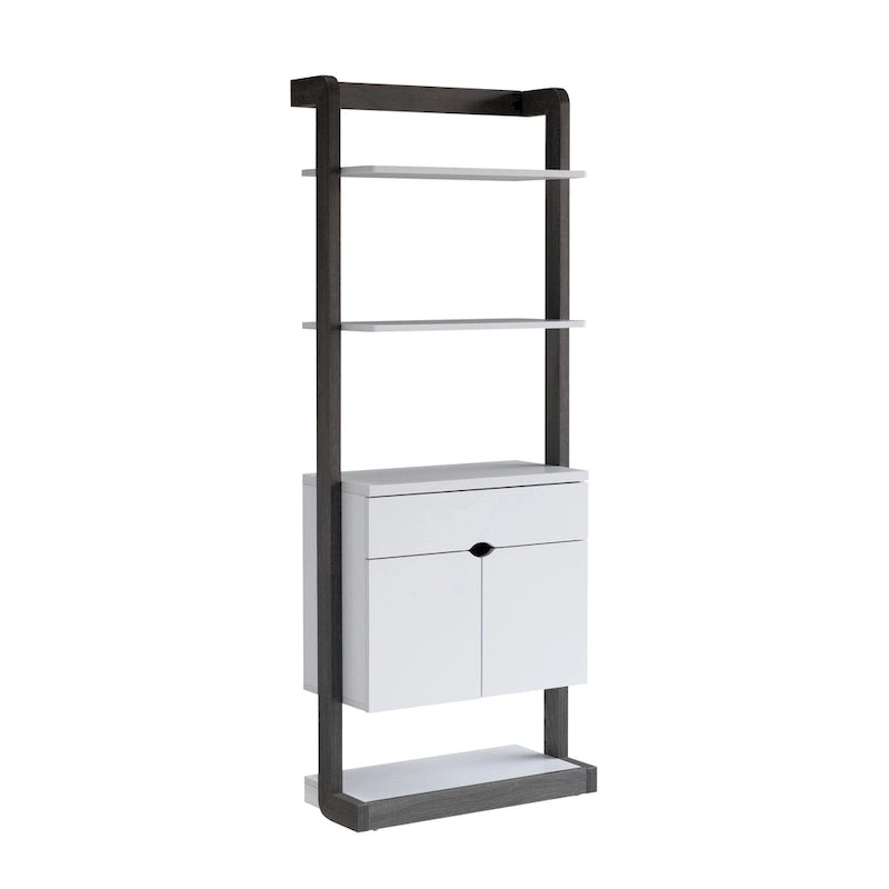 65 Inch Modern Display Cabinet, 4 Shelves, Drawer, Distressed Gray, White