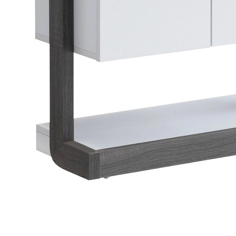 65 Inch Modern Display Cabinet, 4 Shelves, Drawer, Distressed Gray, White