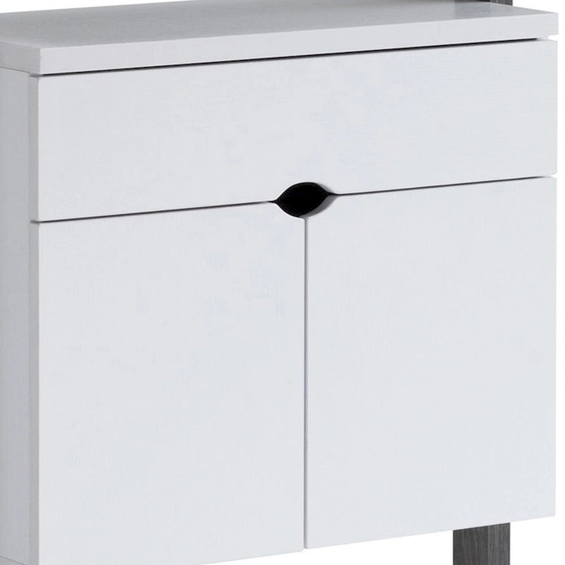 65 Inch Modern Display Cabinet, 4 Shelves, Drawer, Distressed Gray, White