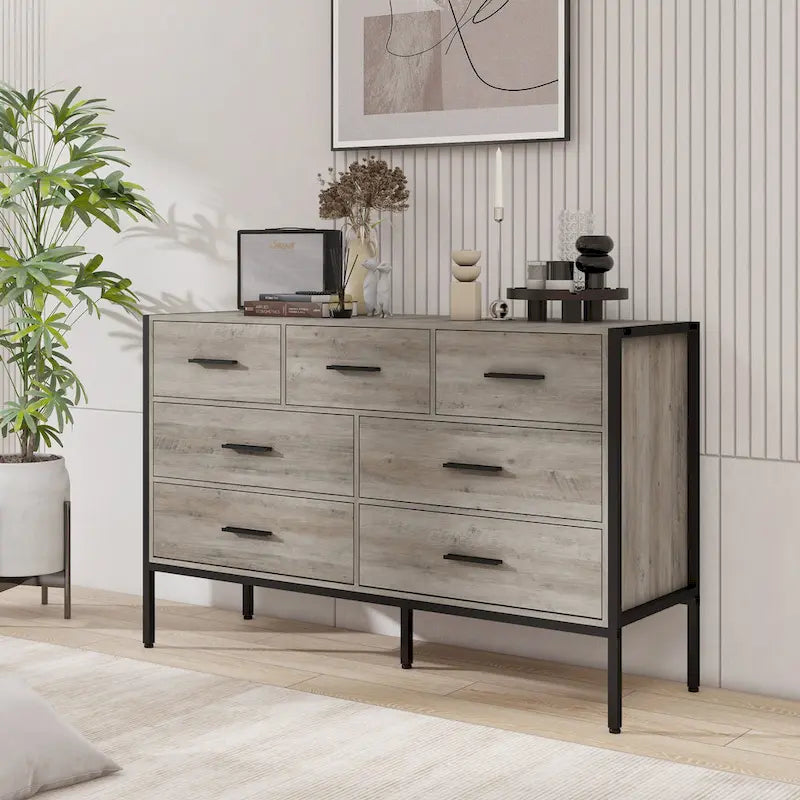 Wood Dresser with 7 Drawers, Wooden Storage Closet for Bedroom, Solid Clothes Cabinet with Sturdy Steel Frame