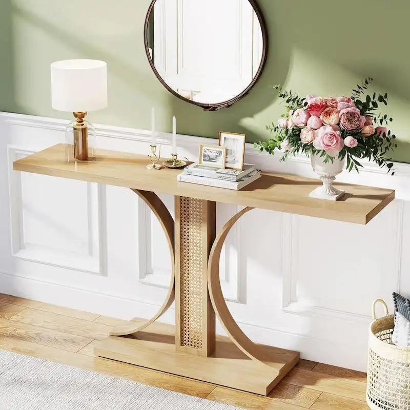 55 Inches Rattan Console Table, Farmhouse Hallway Table Entryway Table