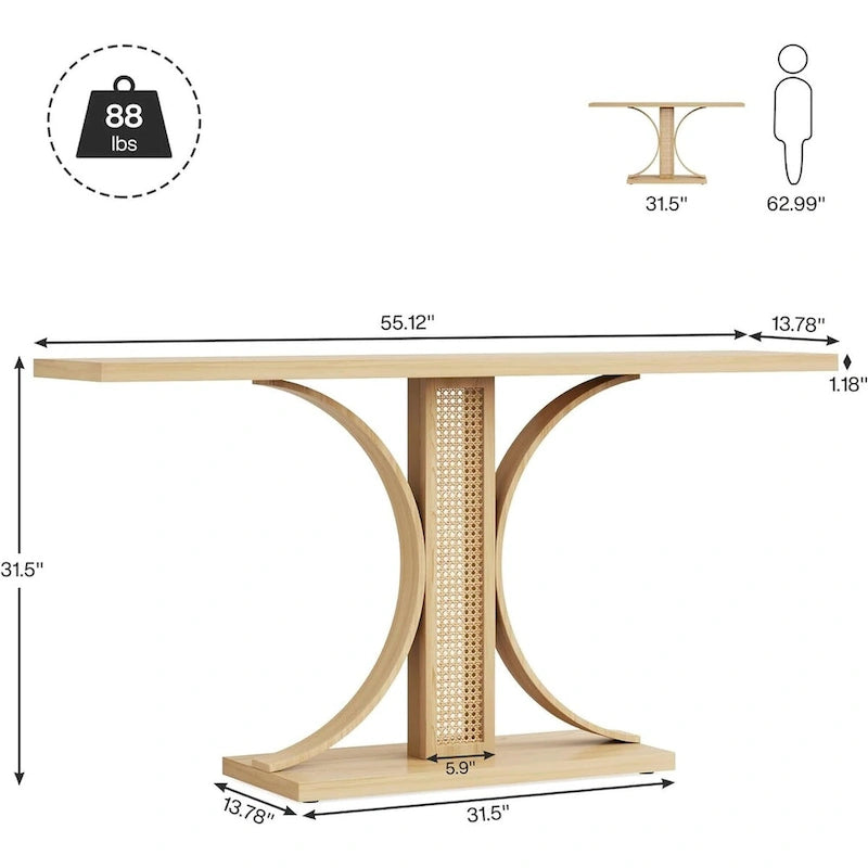 55 Inches Rattan Console Table, Farmhouse Hallway Table Entryway Table