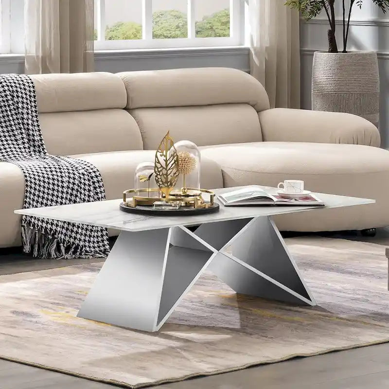 Luxurious 50 inch Rectangle White Glass Coffee Table with Mirrored M-Shaped Base