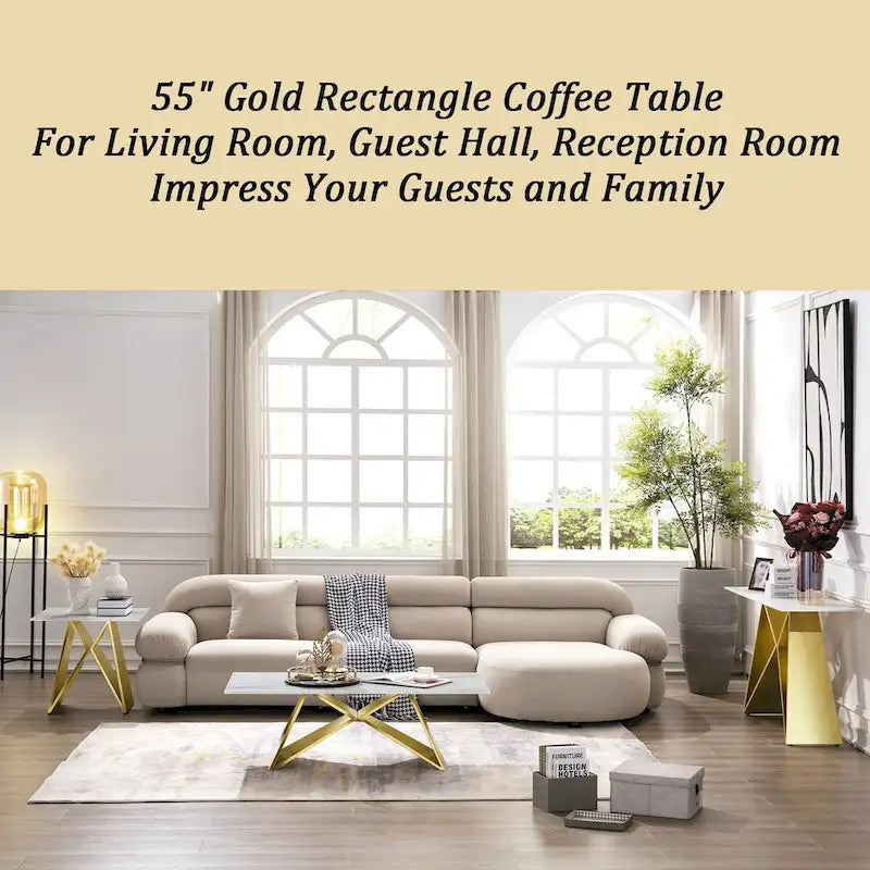 Luxurious 50 inch Rectangle White Glass Coffee Table with Mirrored M-Shaped Base