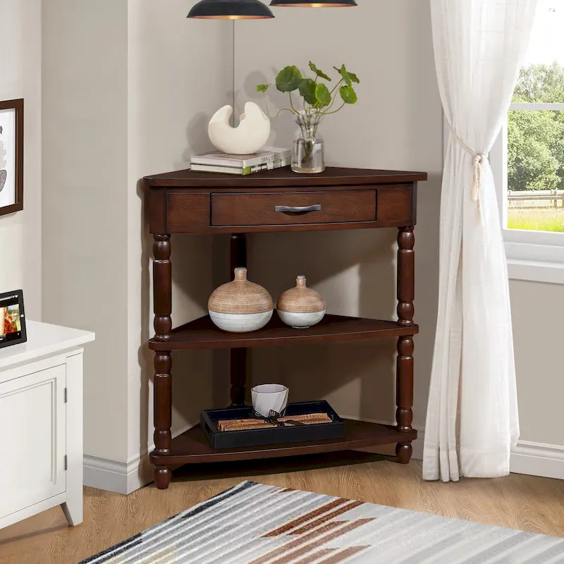 Wood Triangle Corner Side Table for Small Spaces Living Room