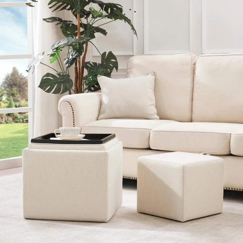 Square Storage Ottoman Set with Footstool and Tray