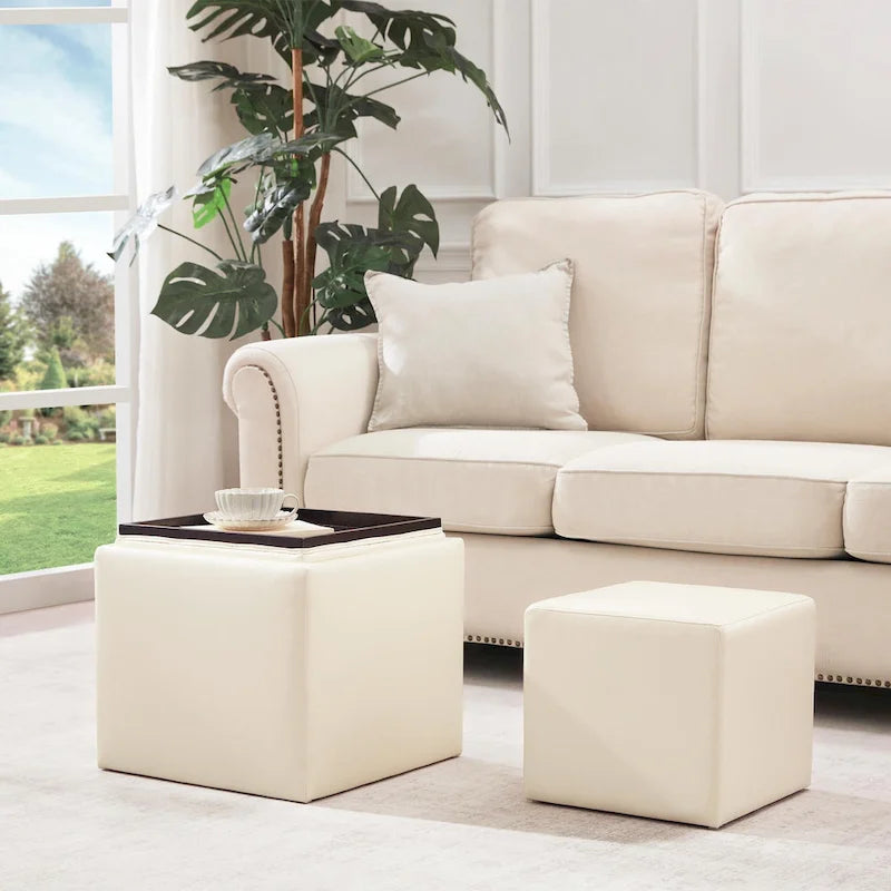 Square Storage Ottoman Set with Footstool and Tray