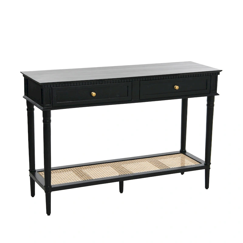 Acacia Wood Console Table with Cane Shelf