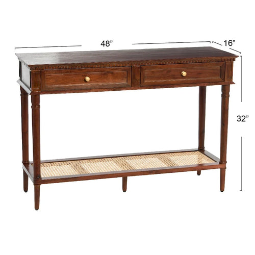 Acacia Wood Console Table with Cane Shelf