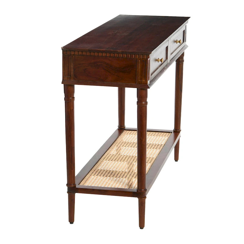 Acacia Wood Console Table with Cane Shelf